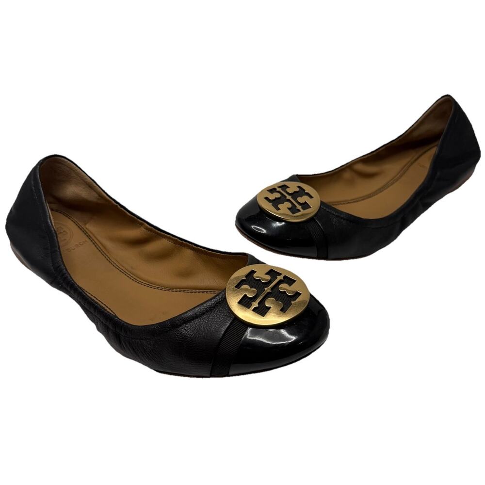 Tory Burch Minnie Cap Toe Ballet Flats All Black Size 6.5 Casual Logo Medallion